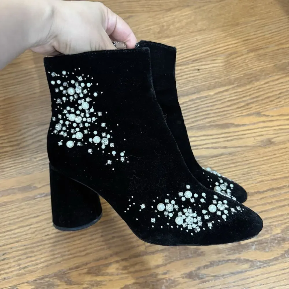 Zara Velvet Embellished Pearl Rhinestone Quiet Luxury Zip Up Ankle Bootie EU 38